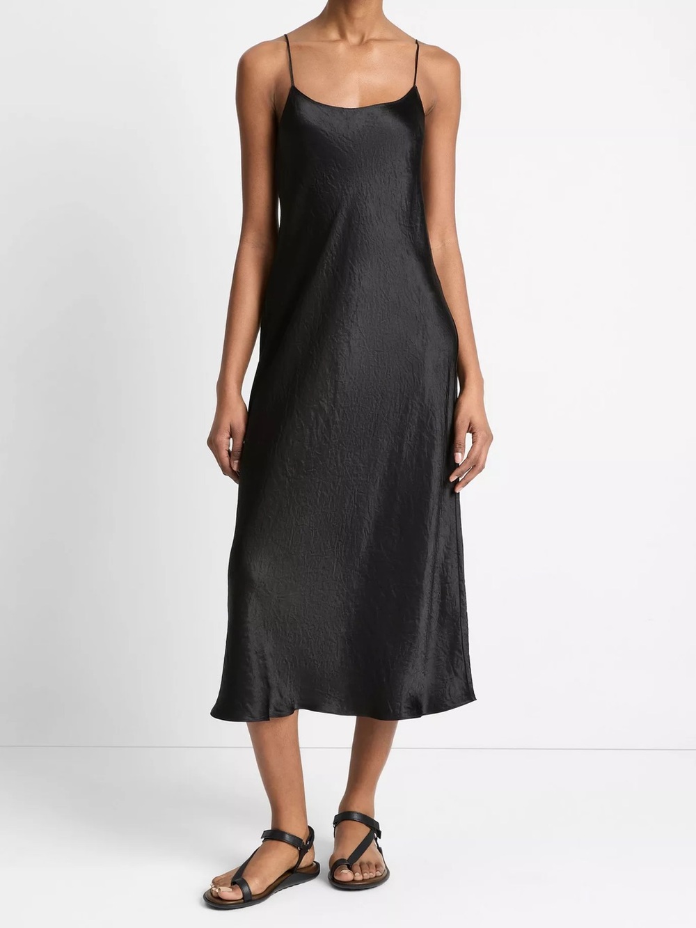 Vince Black Satin Slip Midi Dress with Spaghetti Straps